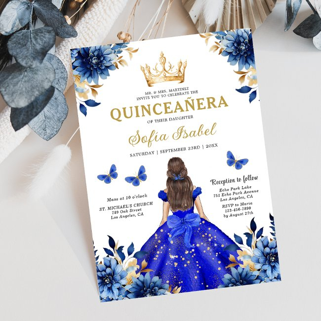 Floral Royal Blue Butterfly Princess Quinceanera Invitation