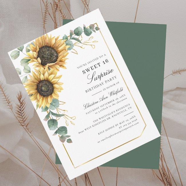 Floral Sunflower Eucalyptus Sweet 16 Birthday Invitation