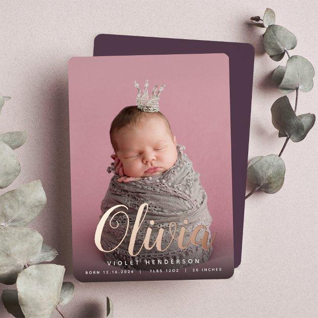 Foil Script Name Vertical Photo Birth Announcement