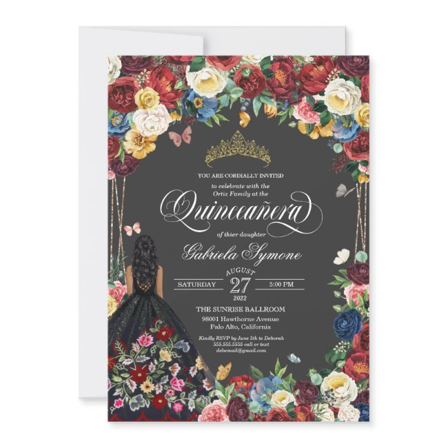 Folk Art Embroidery Butterfly Floral Quinceanera Invitation