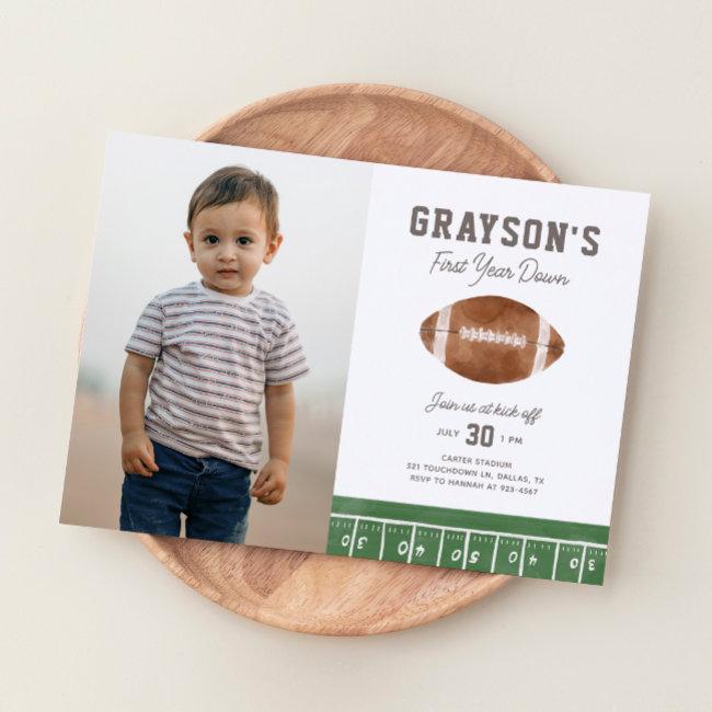 Football First Year Down 1st Birthday Photo Invitation