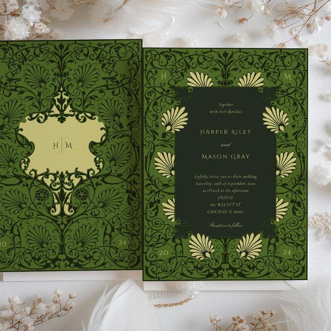 Forest Green And Antique Gold Baroque Wedding Invitation