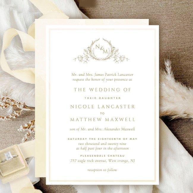 Formal Champagne Monogram, Watercolor Wedding Invitation