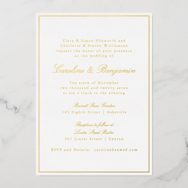 Formal Classic Gold Border Elegant Script Wedding Foil Invitation