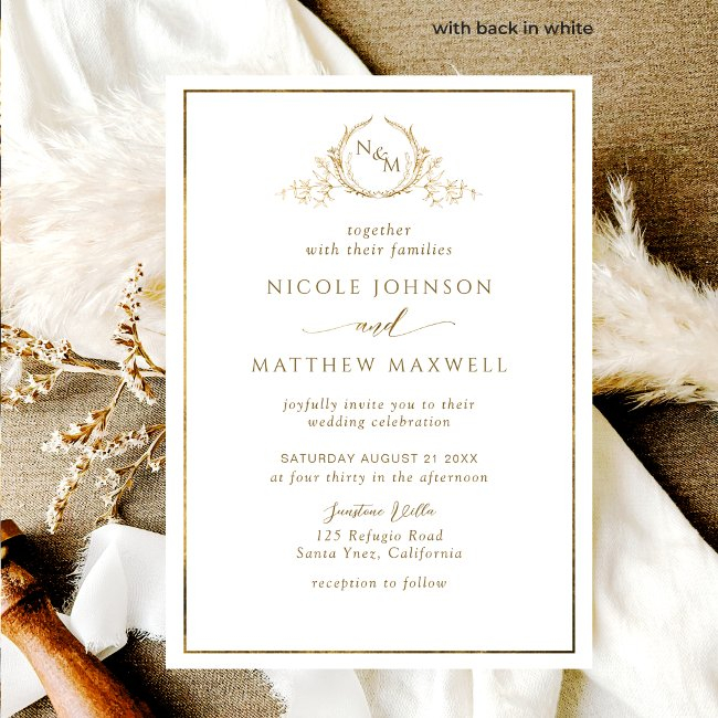 Formal, Elegant White And Gold Monogram Wedding Invitation