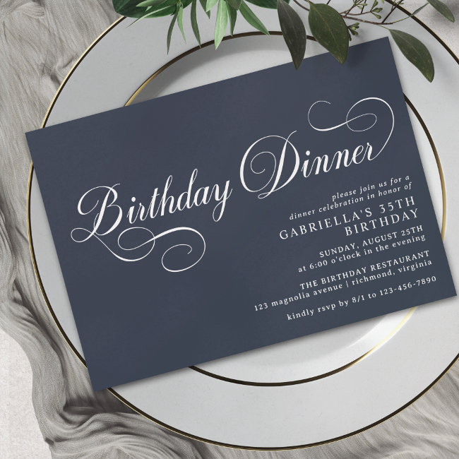 Formal Script | Modern Navy Blue Birthday Dinner Invitation