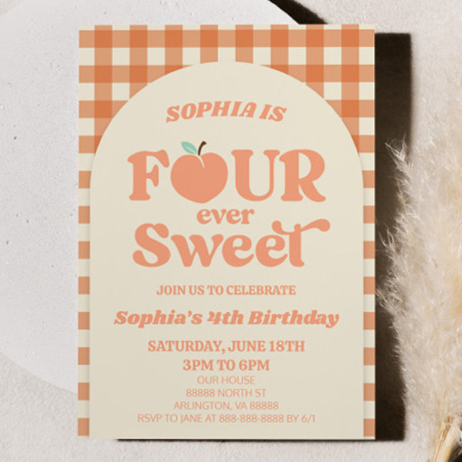 Four Ever Sweet Peach Orange 4th Birthday Party Invitation