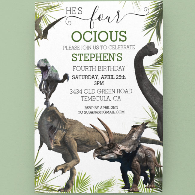 Four Fourth Dinosaur Tyrannosaurus Raptor Birthday Invitation