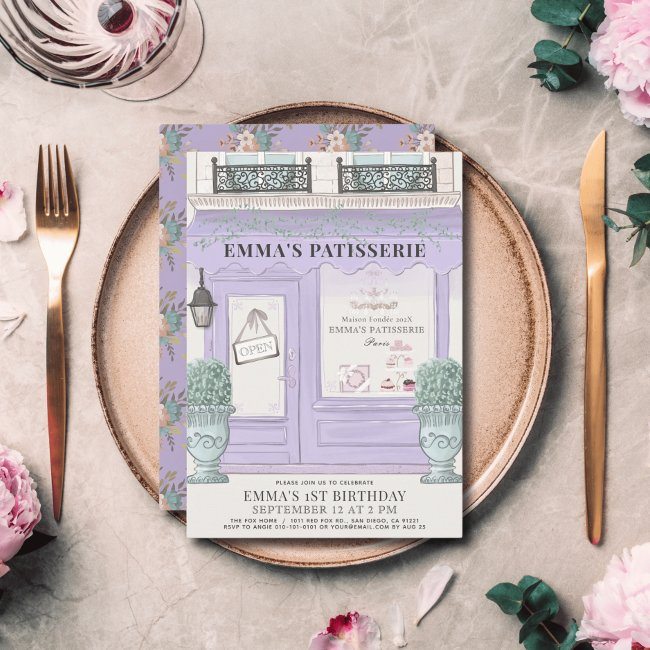 French Bakery Paris Lavender 1st Birthday Invitation