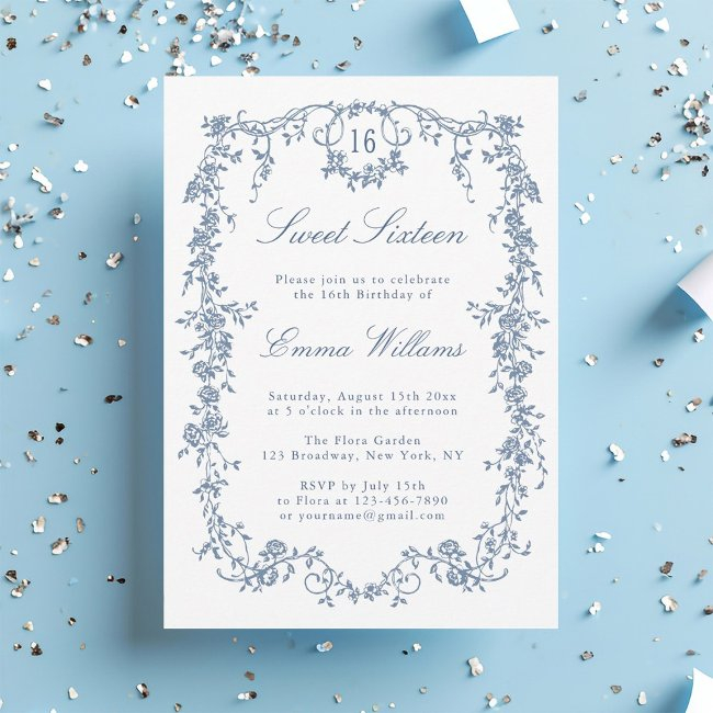 French Blue Floral Frame Sweet 16 Birthday Party Invitation