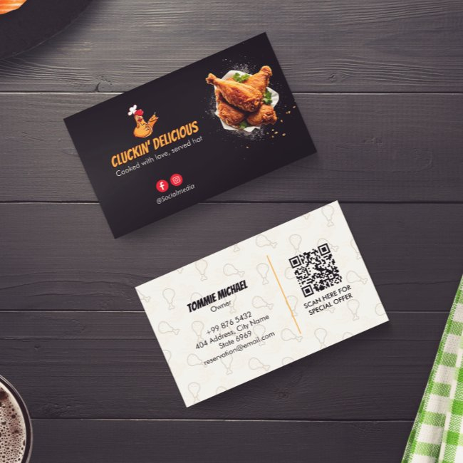Fried Chicken Business | Minimalist Dark Barcode Business Invitations
