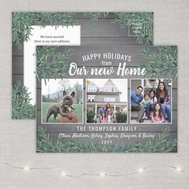 From New Home 3 Photo Christmas Greenery & Wood Holiday Postinvitations