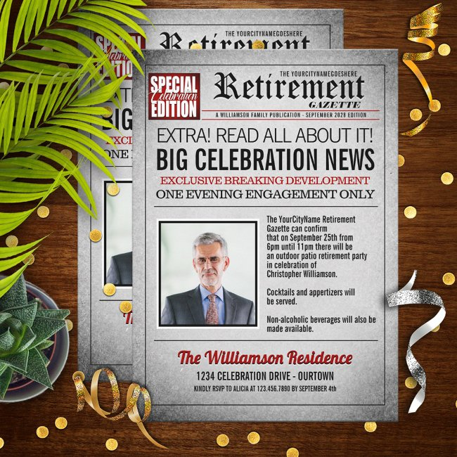 Front Page Newspaper Retirement Party Invitation