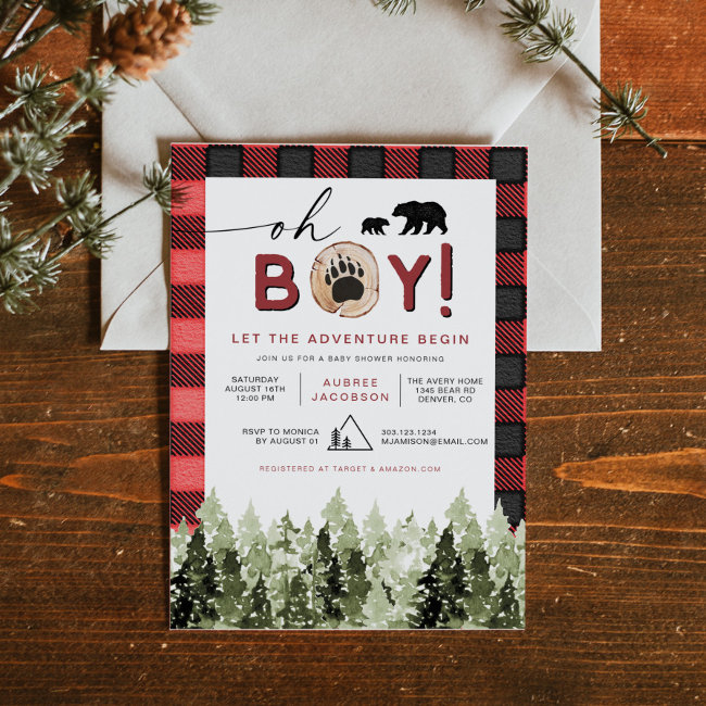 Frost Red Flannel Pine Bear Boy Baby Shower Invitation
