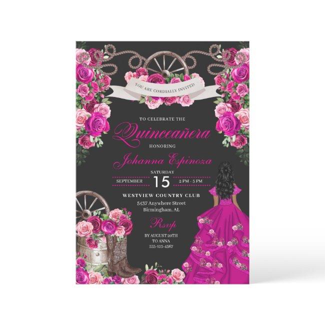 Fuchsia & Black Cowgirl Western Charro Quinceanera Invitation