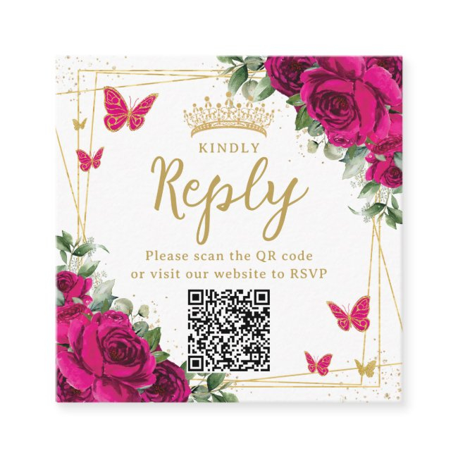Fuchsia Floral Butterflies Quinceanera Rsvp Qr Enclosure Invitations