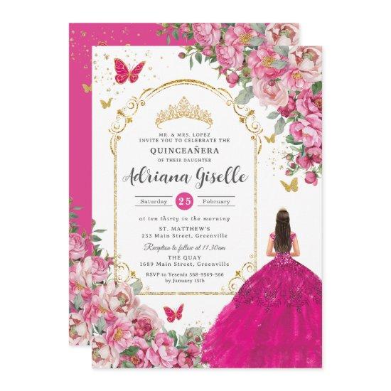 Fuchsia Pink Floral Gold Quinceañera Sweet 16 Xv Invitation