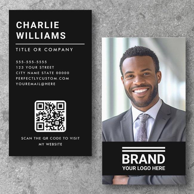 Full Photo Logo Modern Minimal Qr Code Black Business Invitations