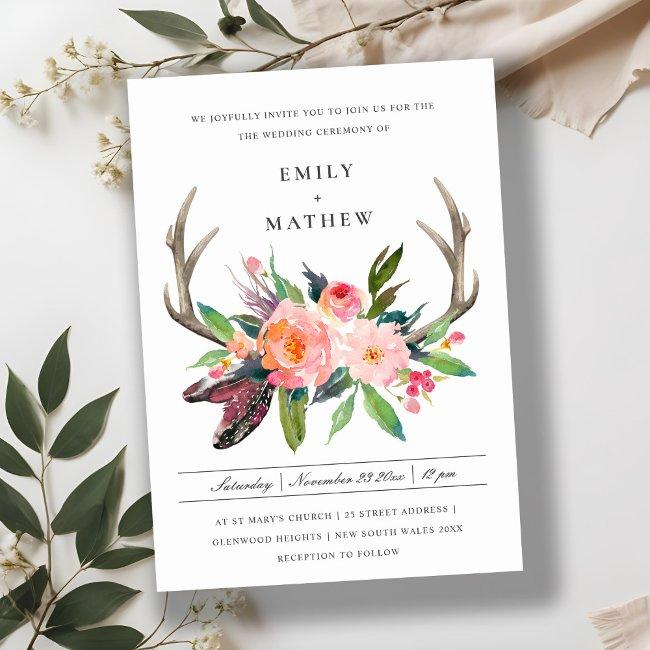 Fun Boho White Blush Antler Floral Country Wedding Invitation