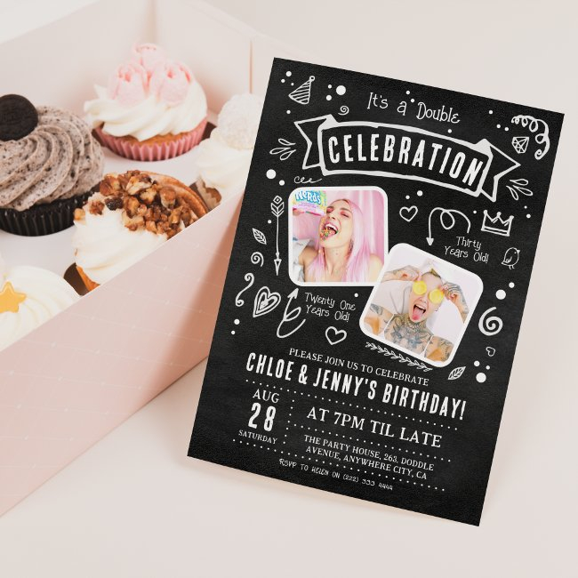 Fun Chalkboard Doodle Double Celebration Birthday Invitation