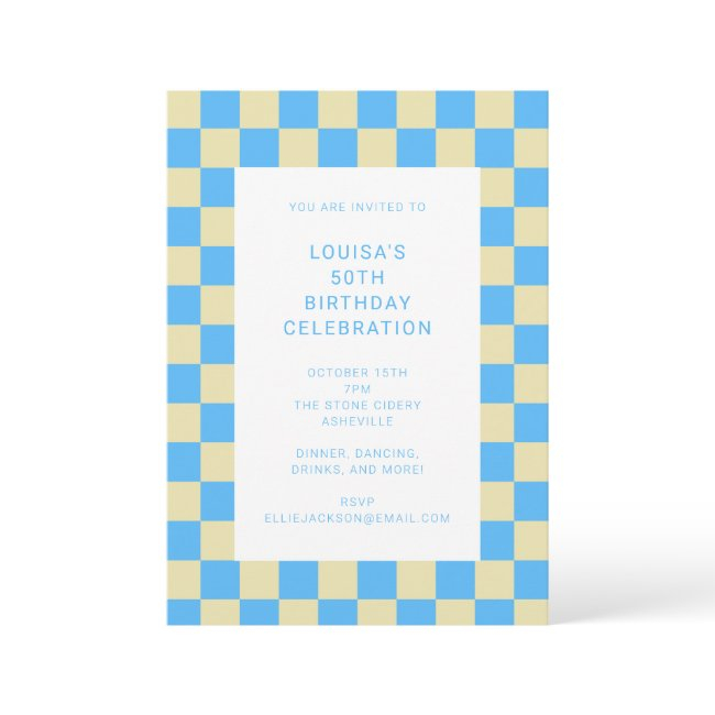 Fun Checkerboard Light Blue Geometric Birthday Invitation