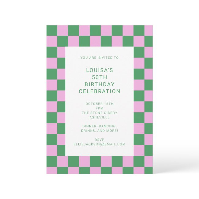 Fun Checkerboard Pink Green Geometric Birthday Invitation