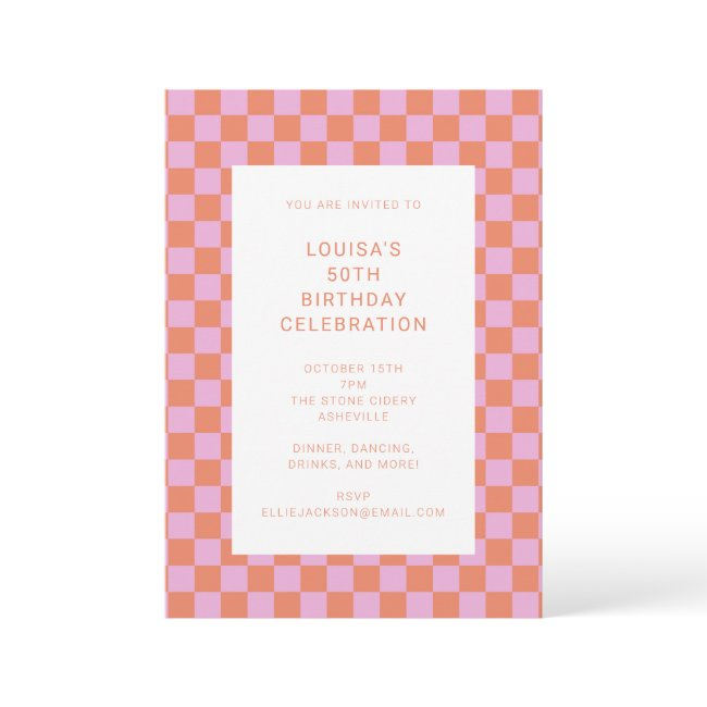 Fun Checkerboard Pink Orange Geometric Birthday Invitation