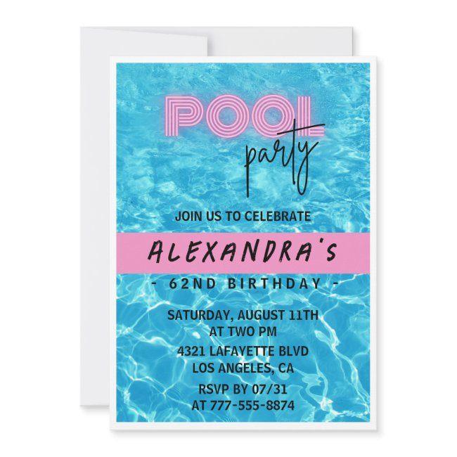 Fun Tropical Pink Pool Party 62nd Birthday Invitation