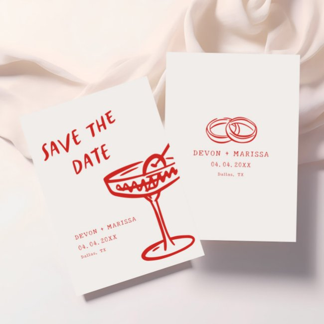Funky + Fun Red Modern Retro Illustrated Wedding Save The Date