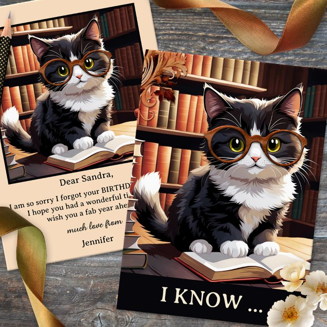Funny Cat Books Belated Birthday Invitations