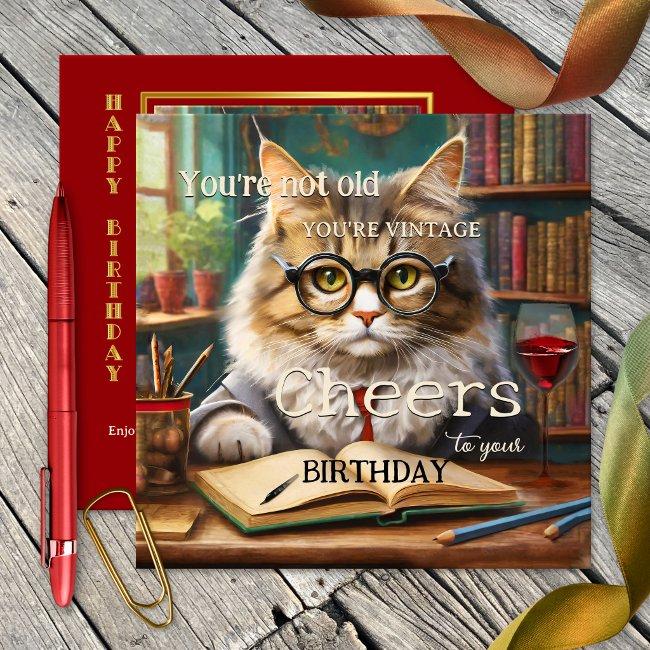 Funny Cat Red Wine Books Birthday Invitations