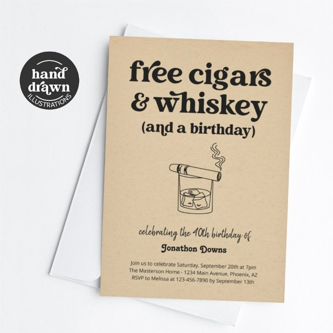 Funny Free Cigars & Whiskey Mens Birthday Party Invitation