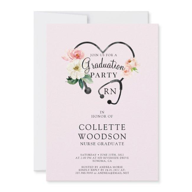 Future Nurse Graduation Floral Stethoscope Pink Invitation