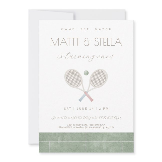 Game Set Match Tennis Twin First Birthday Invite