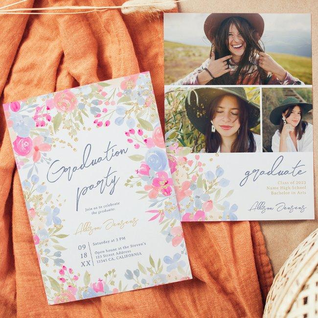 Garden Pastel Wild Flowers Photo Graduation Invitation