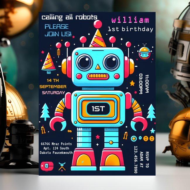 Gear Boy Cute Toy Funny Robot First 1st Birthday Invitation