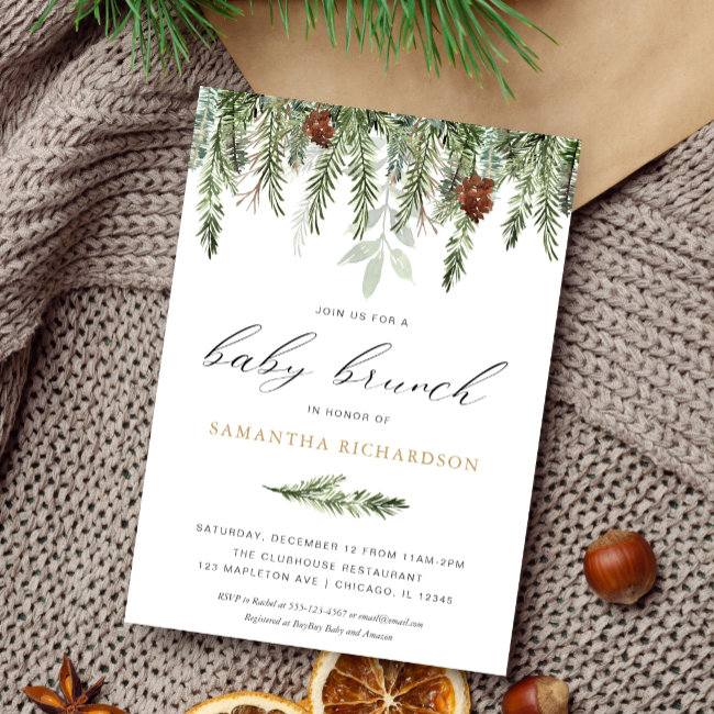 Gender Neutral Pine Tree Winter Baby Brunch Invitation
