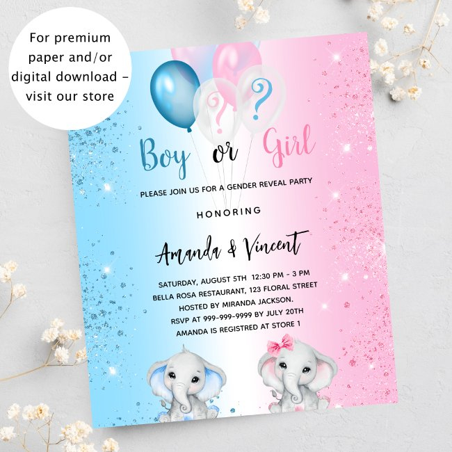 Gender Reveal Blue Pink Elephant Budget Invitation Flyer