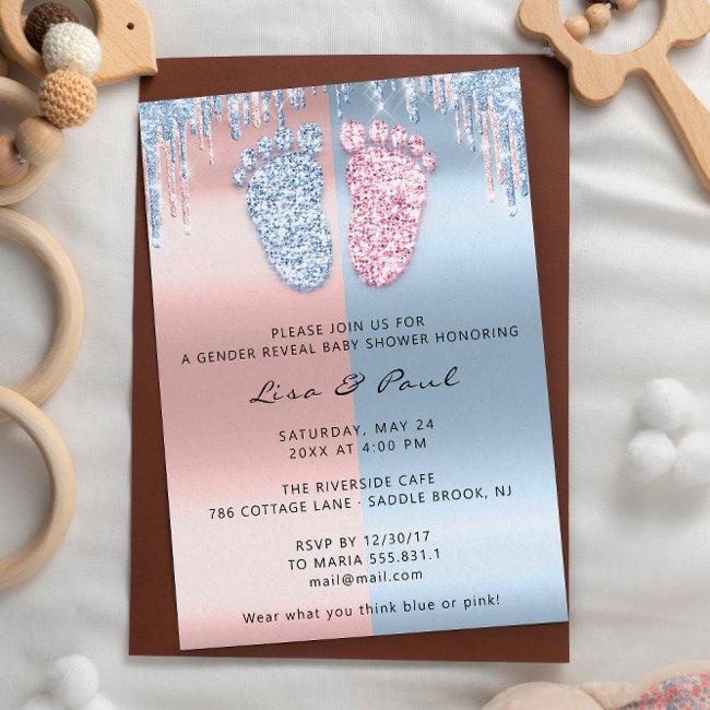 Gender Reveal Feet Glitter Pink Blue Baby Boy Girl Invitation