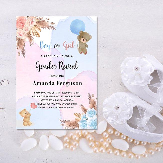 Gender Reveal Pampas Grass Teddy Bear Pink Blue Invitation