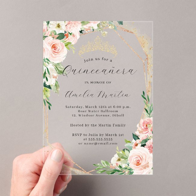 Geo Pink Floral Clear Acrylic Floral Quinceanera Acrylic Invitations