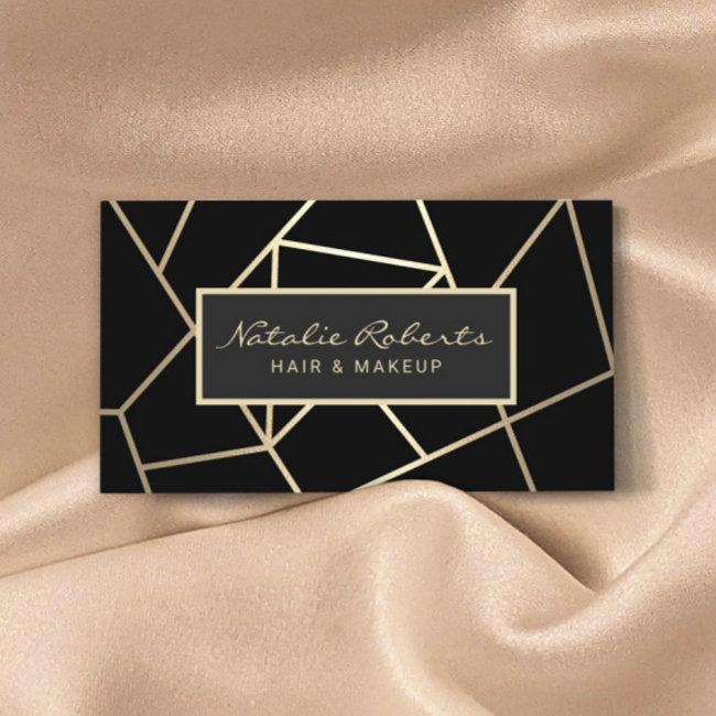 Geometric Black & Gold Hair Stylist Beauty Salon Business Invitations