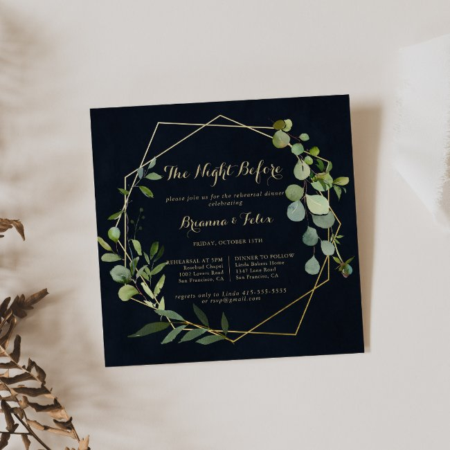 Geometric Gold Green Night Before Rehearsal Dinner Invitation