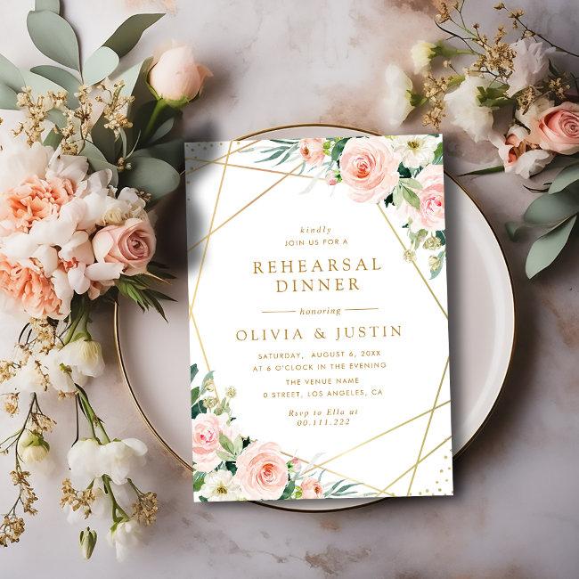 Geometric Gold Pink Blush Floral Rehearsal Dinner Invitation