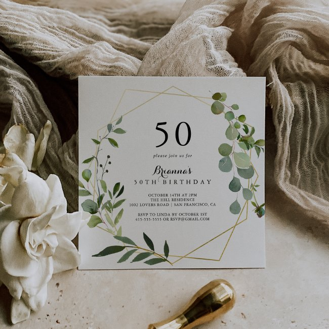 Geometric Gold Tropical Green 50th Birthday Party Invitation