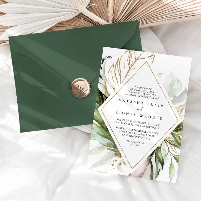 Geometric Gold Tropical Greenery Diamond Wedding Invitation