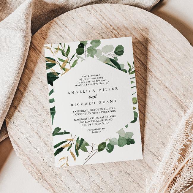 Geometric Tropical Gold Foliage Diamond Wedding Invitation