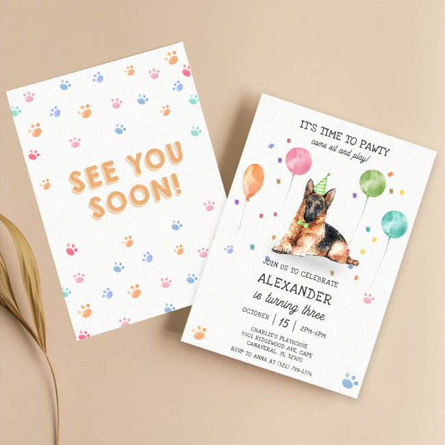 German Shepherd Pawty Puppy Birthday Pink Invitation