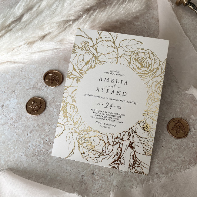 Gilded Floral | Gold Foil Cream Casual Wedding Foil Invitation