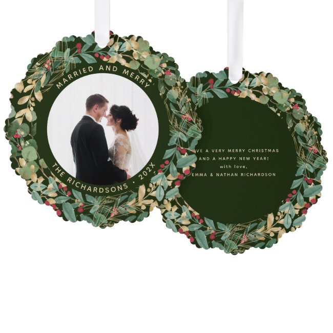 Gilded Greenery Green | Married And Merry Photo Ornament Invitations